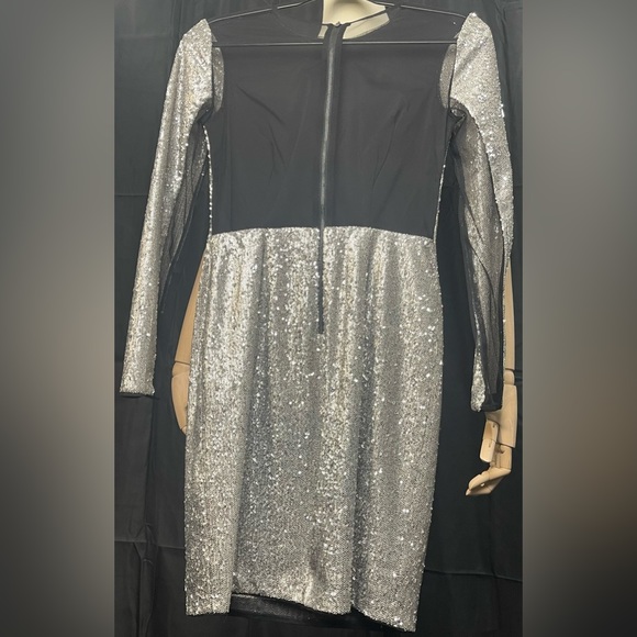 Gianni Bini Silver Sequin Mini Gown with Sheer Back - Picture 4 of 5